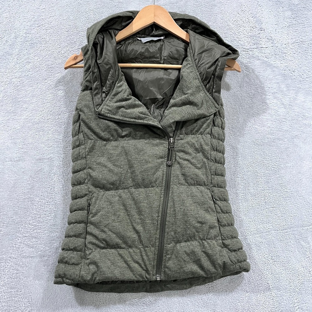 Athleta Hooded Puffer Vest Women's XXS Green Goose Down Fill Zip Pockets Warm
